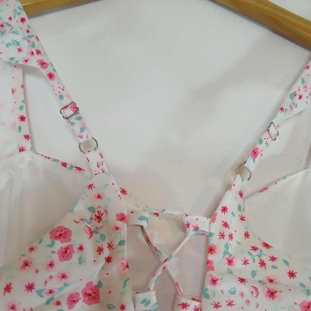 White Pink Floral Summer Dress Criss Cross Tie Back Small Ruffle - Picture 5 of 9
